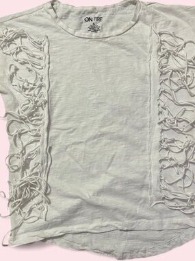 White Short Sleeve Tee with Fringe Side Panels